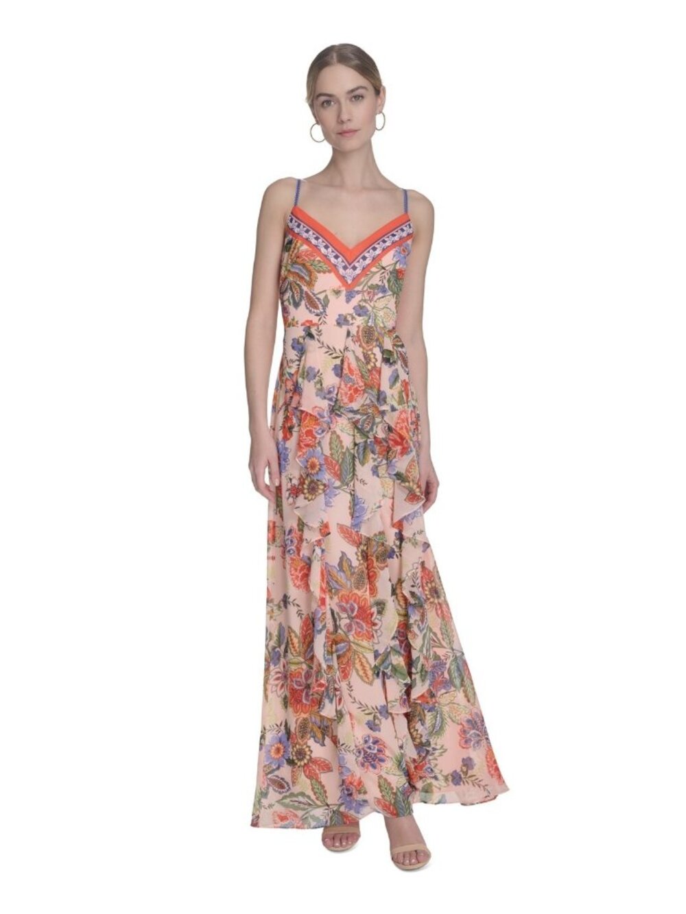 Eliza J Women's Printed V-Neck Ruffe-Trim Maxi V-neck Dress Orange Size 14 $198